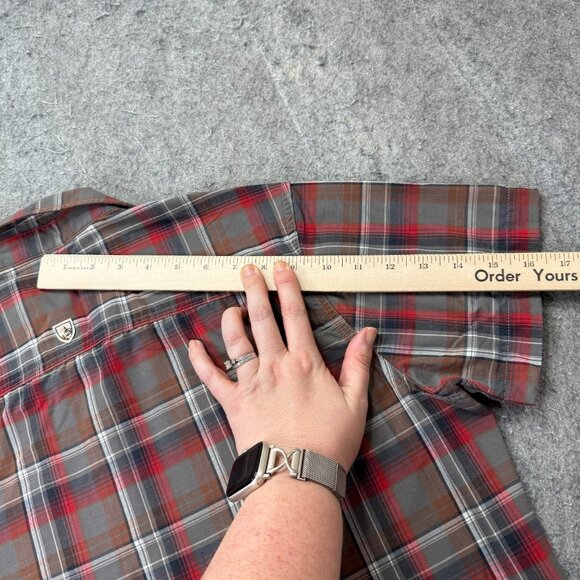 Kuhl Styk Shirt Men M Brown Gray Red Plaid Tapered Button Up Short Sleeve Nylon - Picture 14 of 15